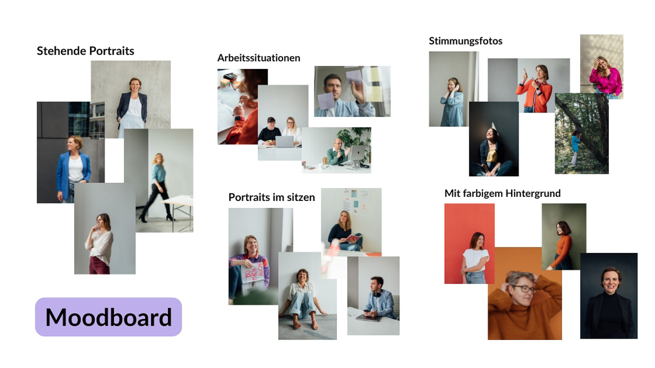 Beispiel-fuer-ein-Moodboard-mobil Beispiel eines Moodboards für ein Businesshooting, es sind viele unterschiedliche Bilder zu sehen. Sortiert nach Situationen, wie stehende Portraits, Arbeitssituatationen, Detailfotos, Portraits im sitzen usw.
